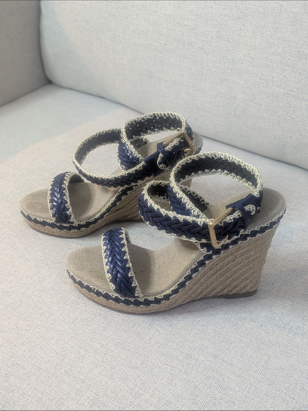 Tory Burch Navy Braided Espadrille Wedge Sandals Ankle Strap US 8.5     EU 39.5 - Picture 4 of 11